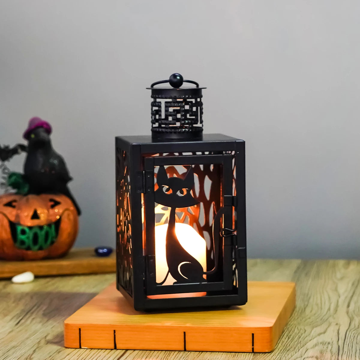Halloween Iron Hollowed Lantern | Candle Lantern in Cat, Witch, Haunted House & Spooky Tree