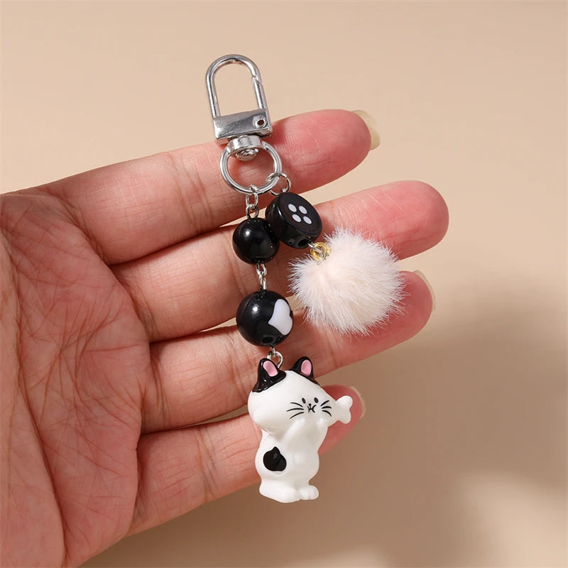 Handmade Cat Charm Keychain – Cute Animal Bead Keyring & Bag Pendant