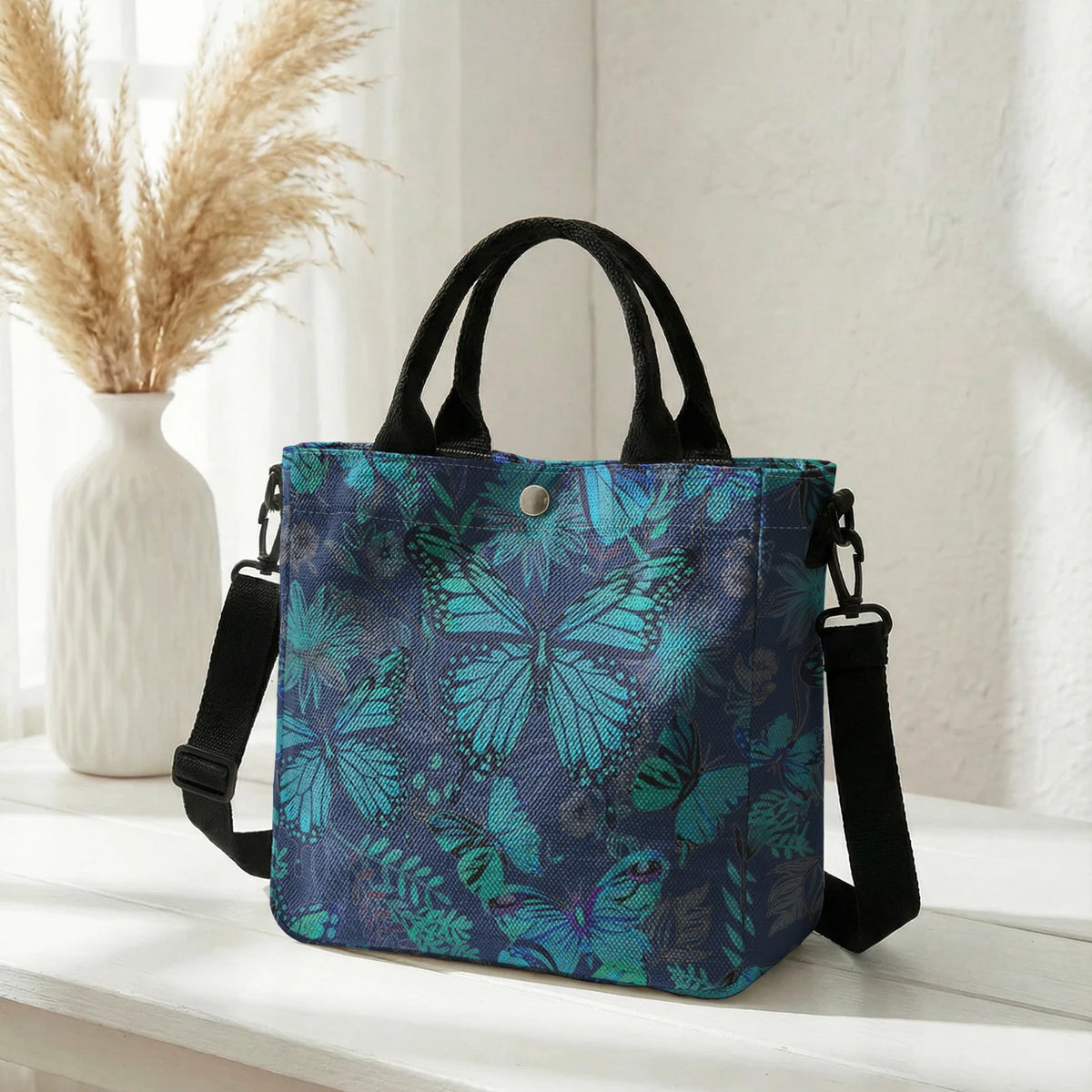 Butterfly & Daisy Floral Tote Bag with Crossbody Strap