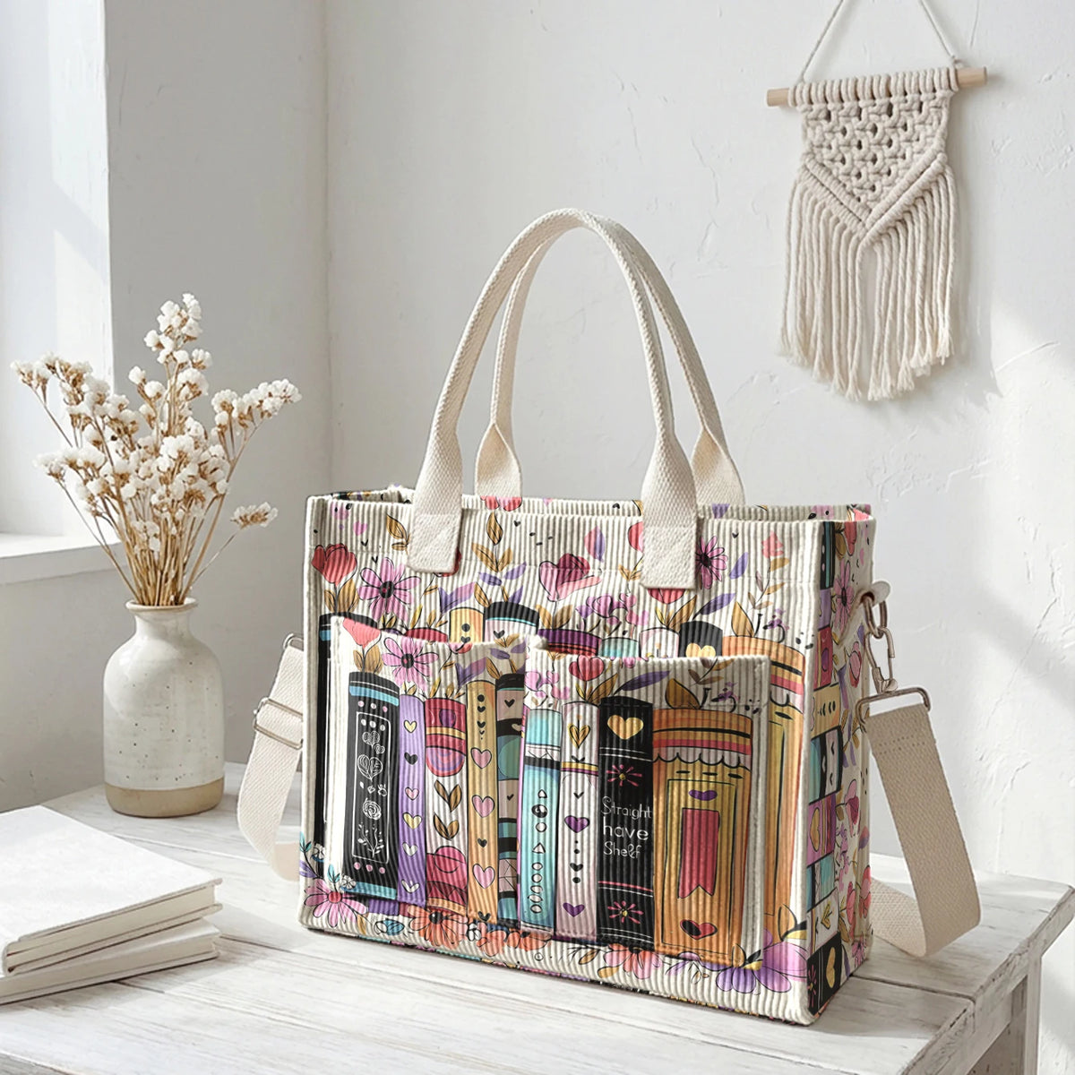 Books & Flowers Corduroy Tote Bag | Choose Your Color