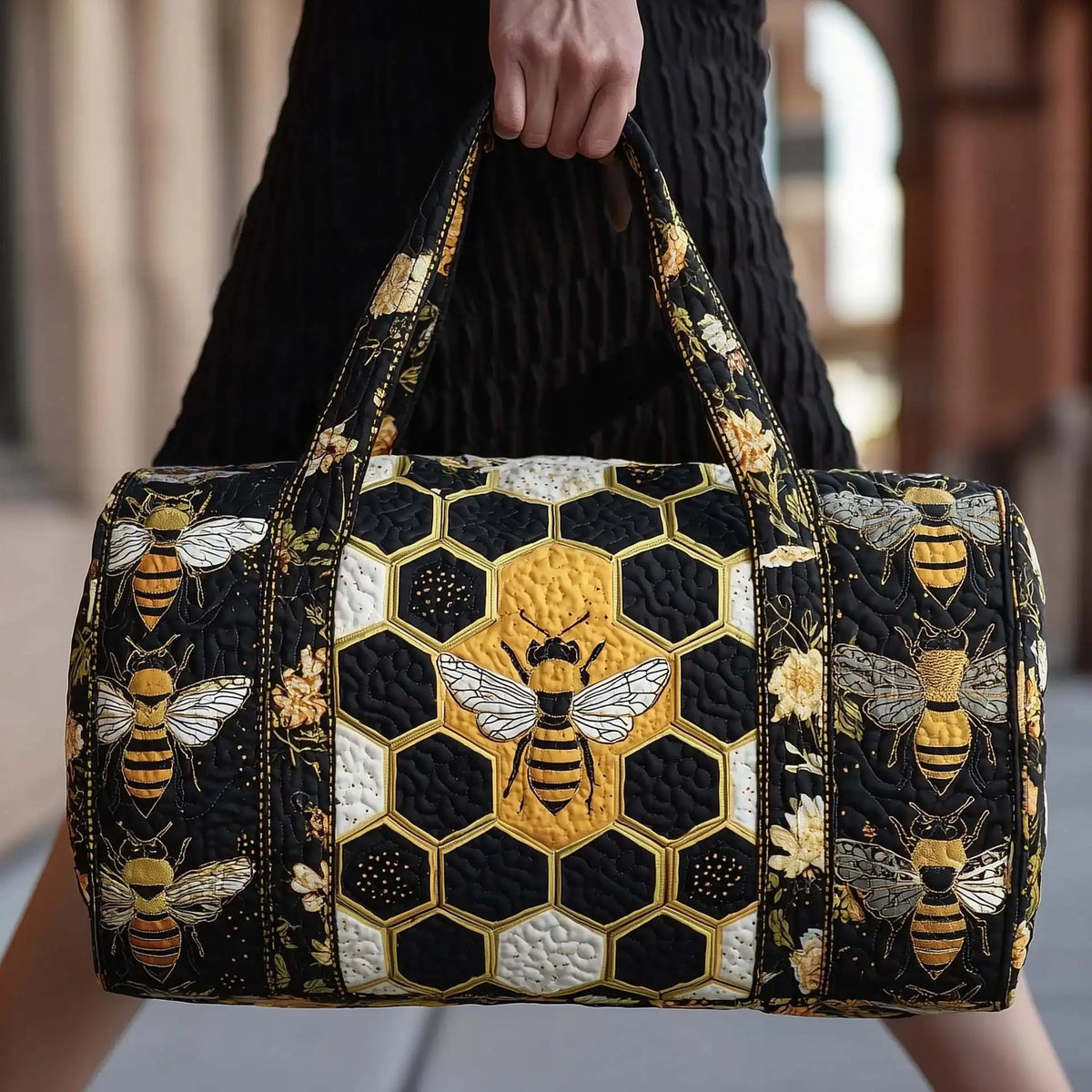 Bee Print Quilted Duffle Bag | Boho Travel & Gym Tote