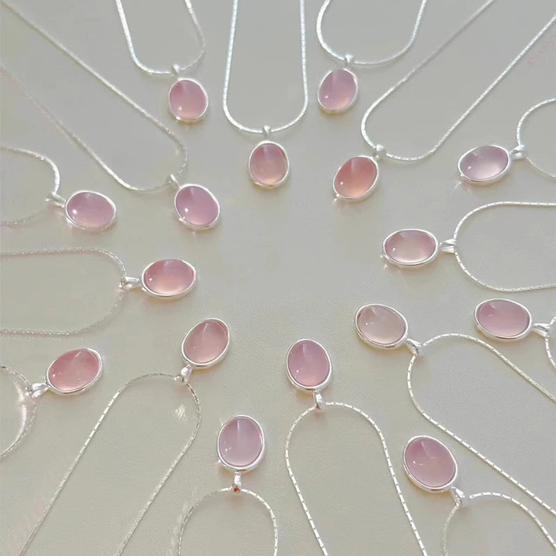 Pink Crystal Zircon Pendant Necklace | 925 Sterling Silver | Oval Collarbone Chain