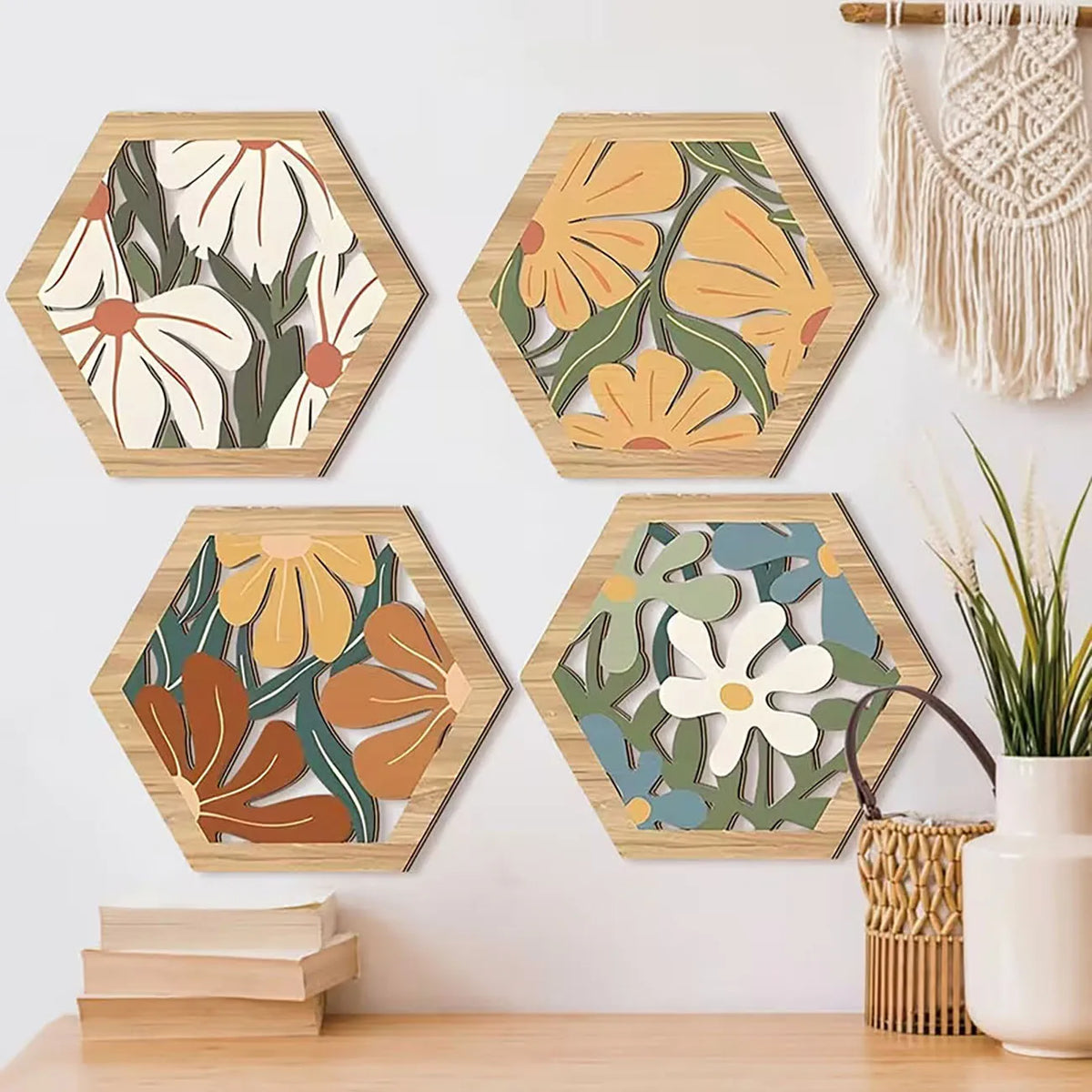 Boho Floral Hexagon Wooden Wall Decor Set of 4 | Bohemian Wall Art