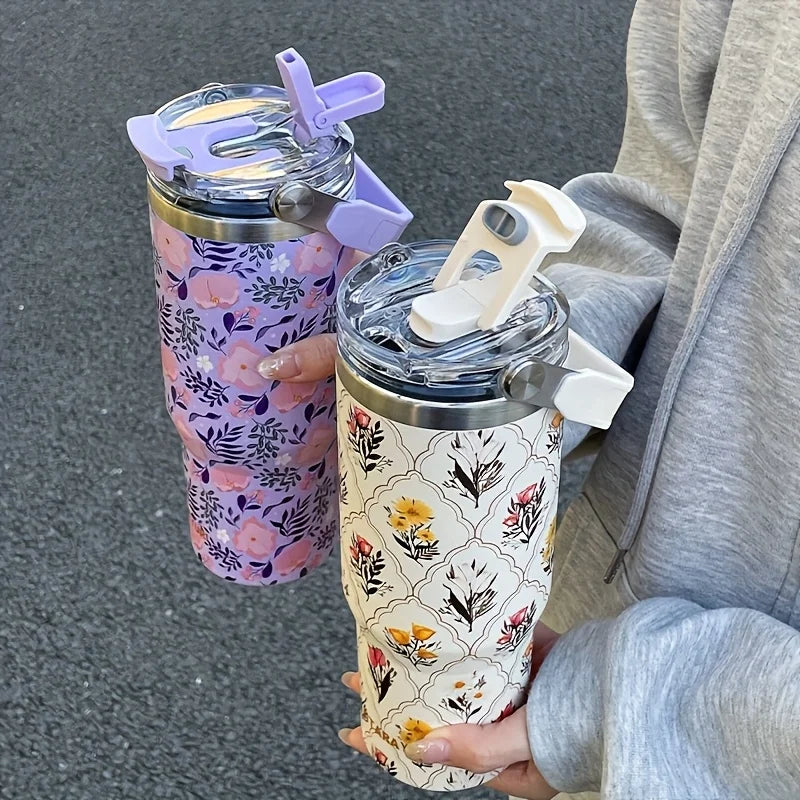 Floral 900 ml Insulated Tumbler with Handle & Straw