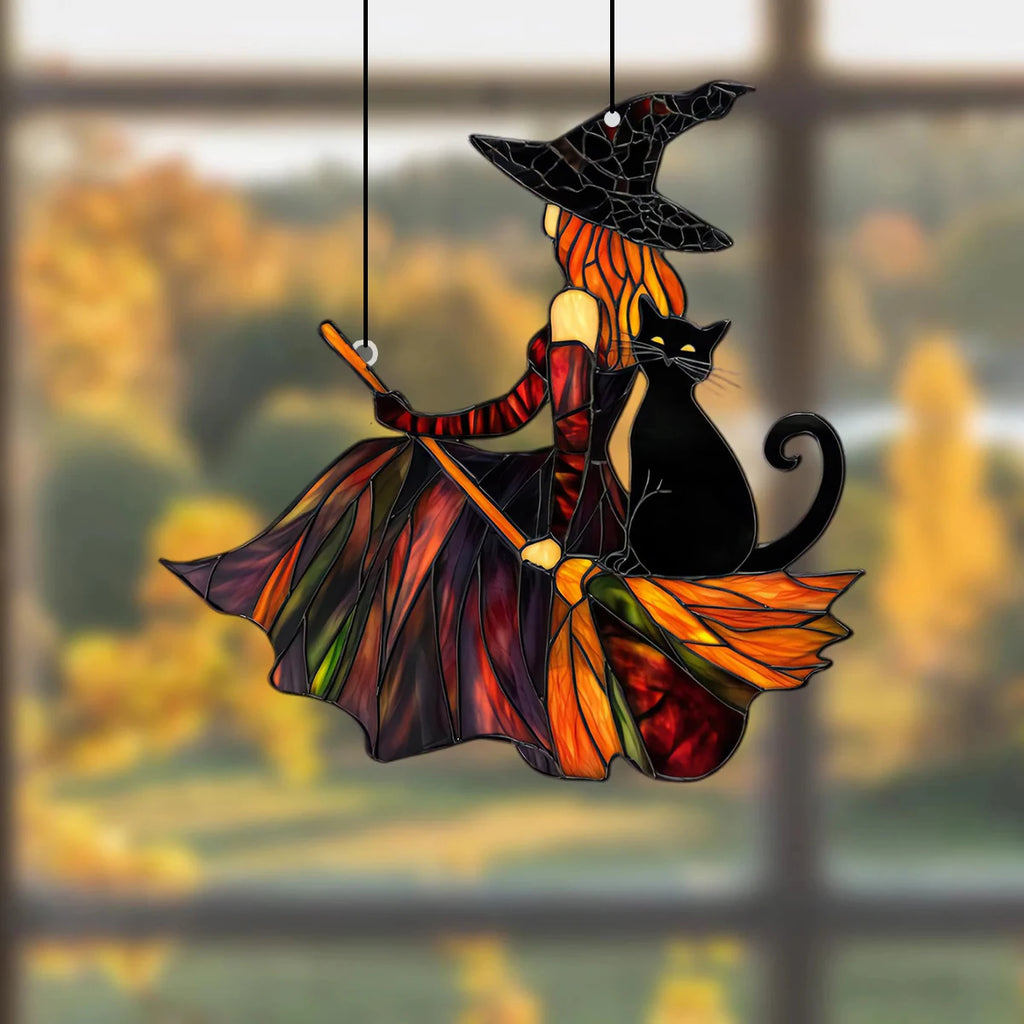 Gothic Witch & Black Cat 2D Acrylic Suncatcher | Halloween Window Hanging Decor