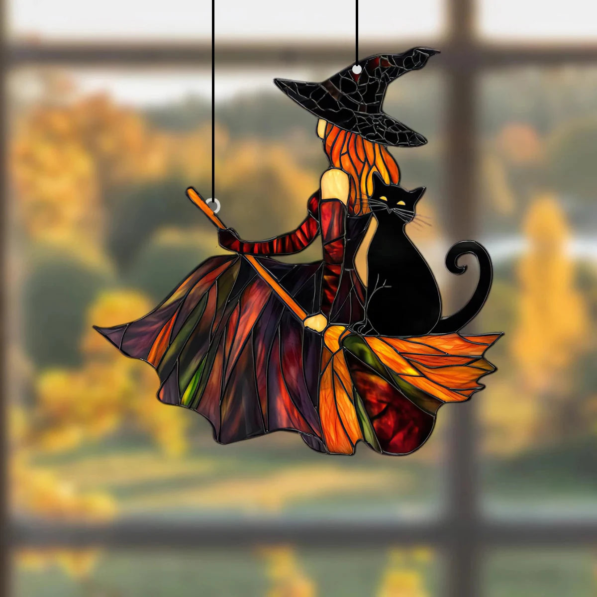 Gothic Witch & Black Cat 2D Acrylic Suncatcher | Halloween Window Hanging Decor