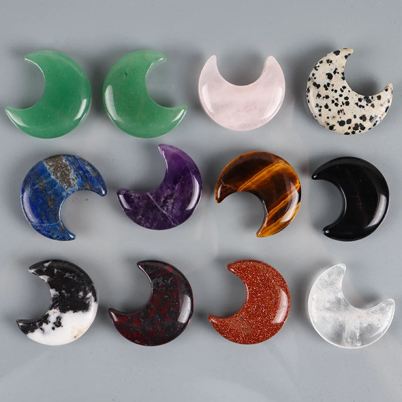 Natural Crystal Moon Ornament | Hand-Carved Healing Stone · 9 Varieties