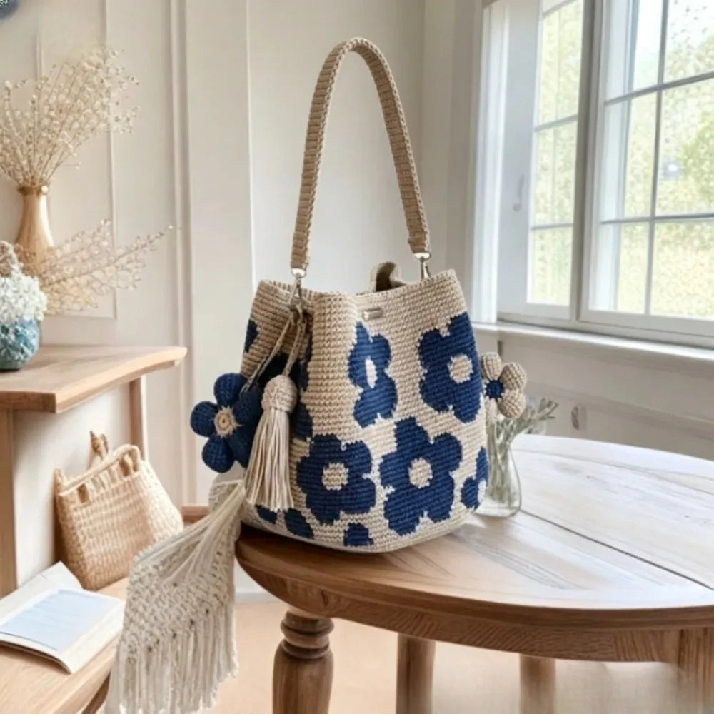 Boho Floral Crochet Bucket Bag | Handwoven Tassel Shoulder & Crossbody Purse in Blue or Yellow