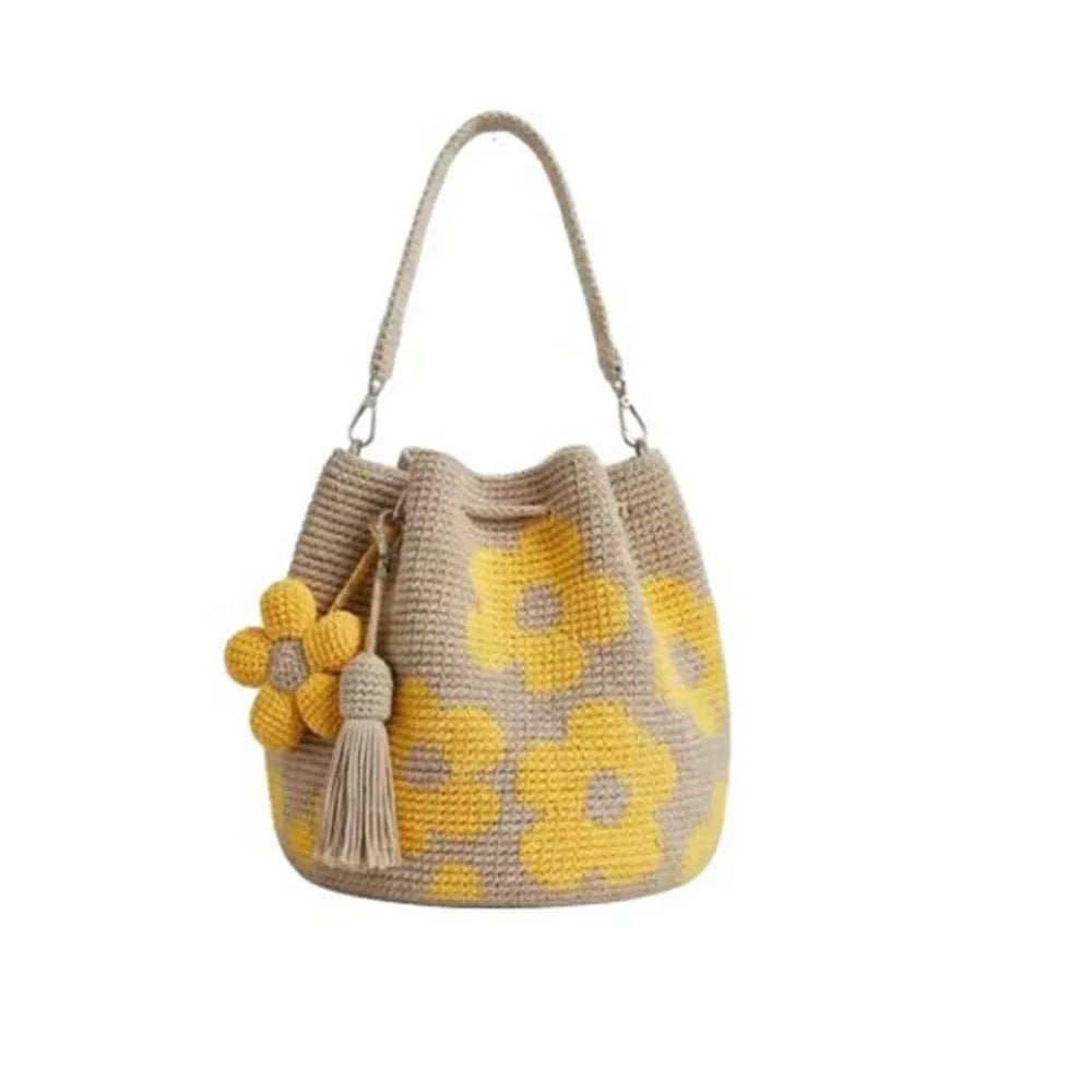 Boho Floral Crochet Bucket Bag | Handwoven Tassel Shoulder & Crossbody Purse in Blue or Yellow