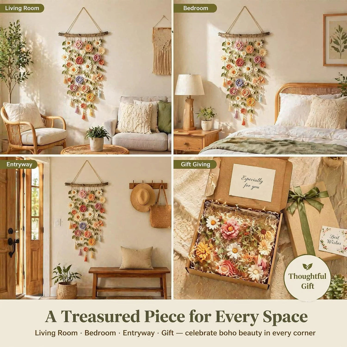 Boho Handmade Cotton Floral Crochet Vine Wall Hanging | Macrame Decor for Indoor & Porch