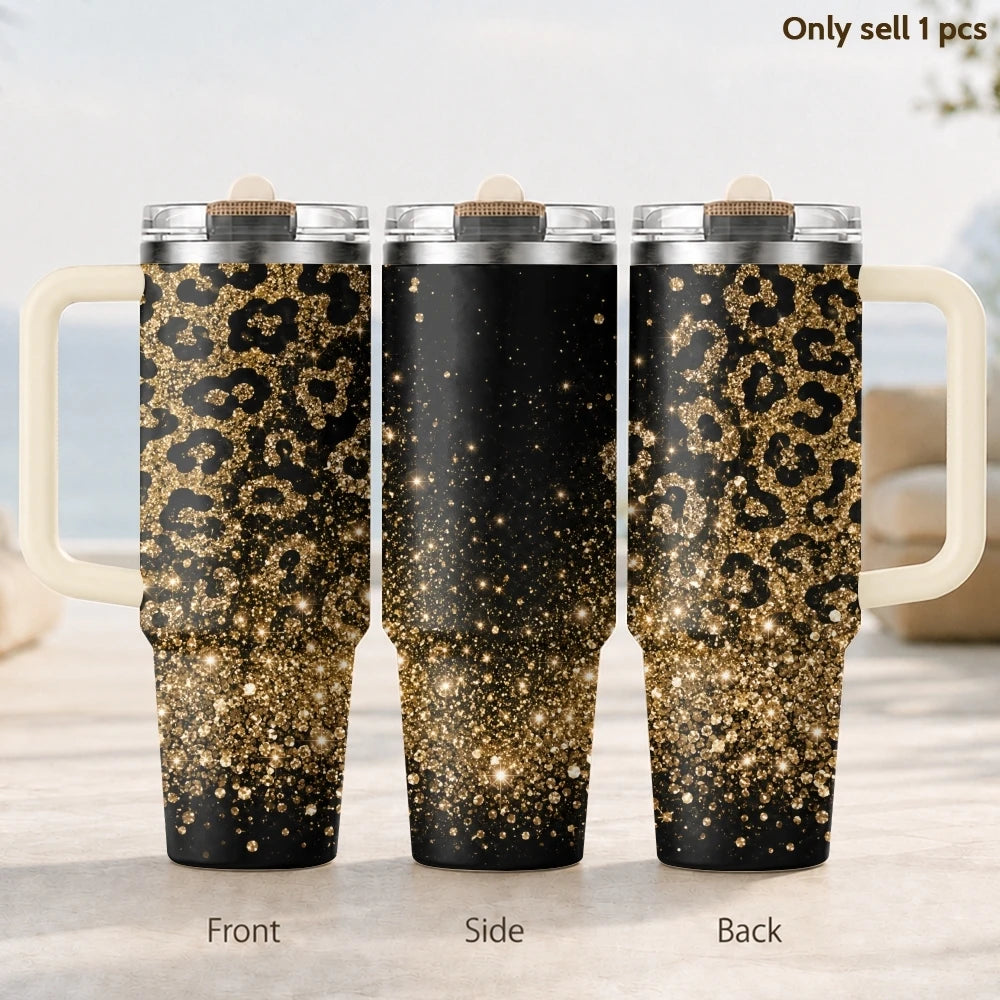 40oz Golden Glitter Leopard Print Tumbler | Insulated Travel Mug with Handle & Straw
