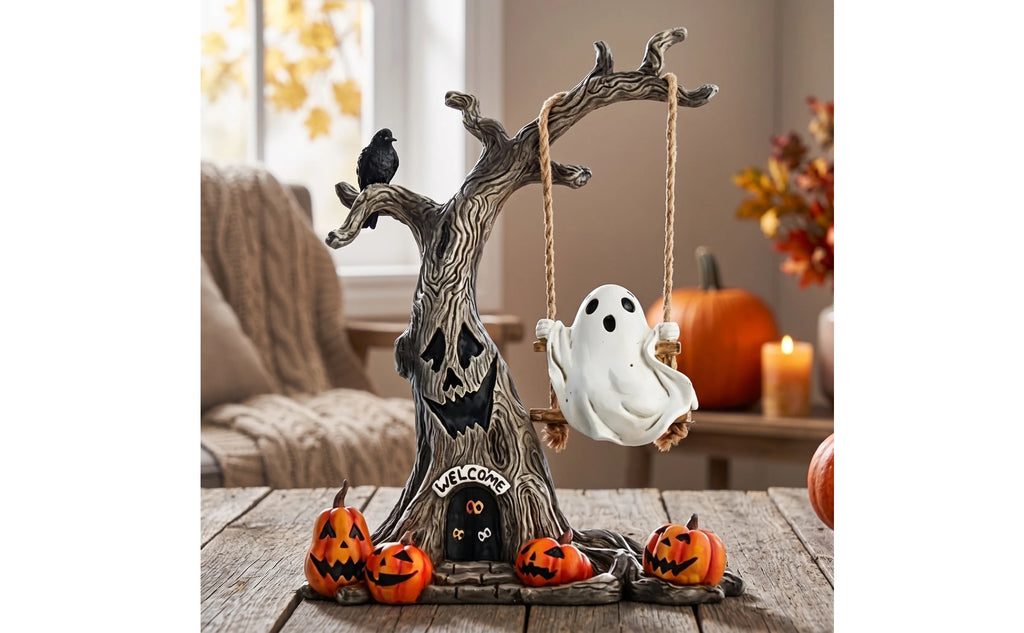 Halloween Haunted Tree with Swinging Ghost Figurine | Spooky Resin Tabletop Decor