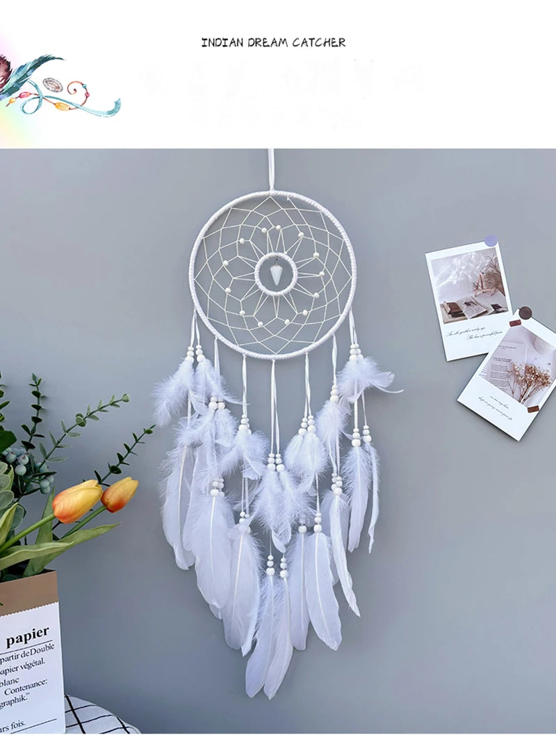 Nordic Dream Catcher Handmade  White Feather Wind Chimes Crystal Wall Pendant Birthday Festival Gifts Bedroom Hanging Ornaments