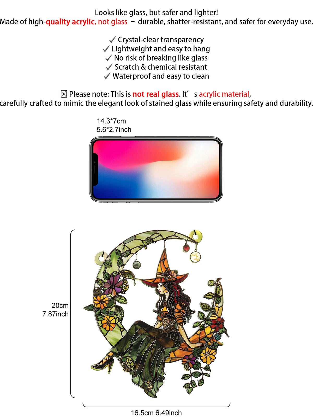 Halloween Witch & Crescent Moon 2D Acrylic Suncatcher | Boho Window Hanging Ornament