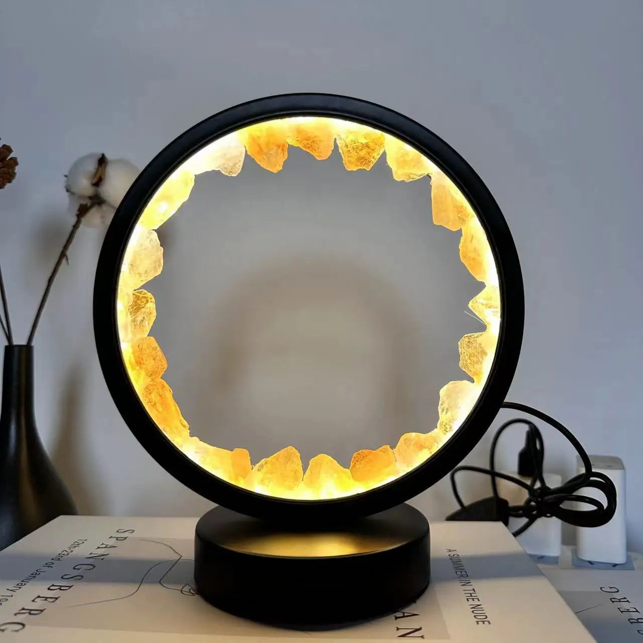 7 Chakra Crystal Column LED Night Light — USB Wood Base Obelisk