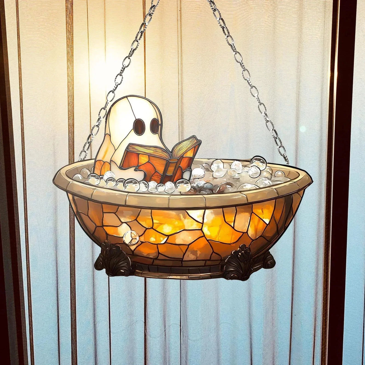Halloween Ghost Reading Book Window Ornament | Colorful Acrylic Suncatcher