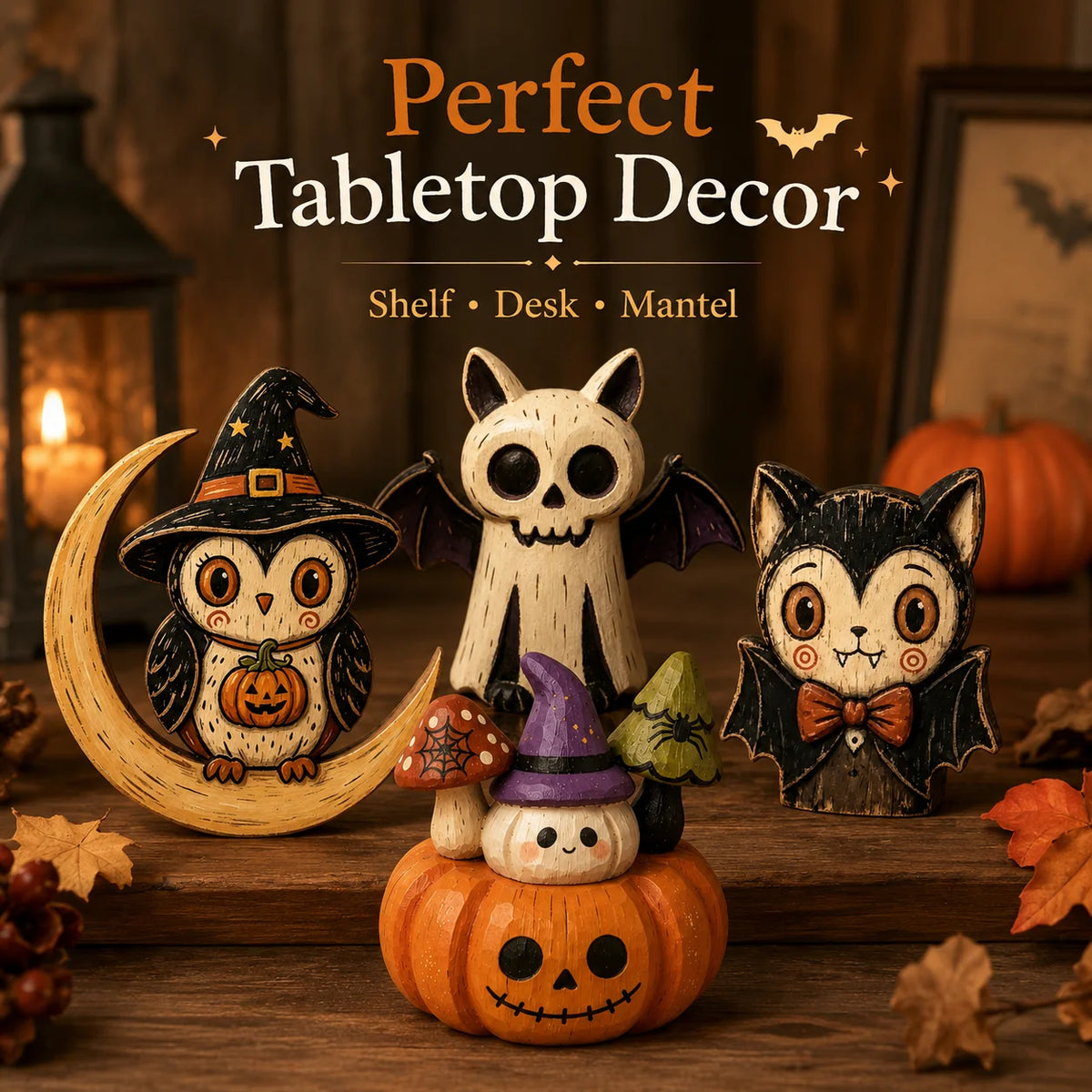 Hand-Painted Halloween Wooden Tabletop Decor | Bat, Owl & Pumpkin Figures