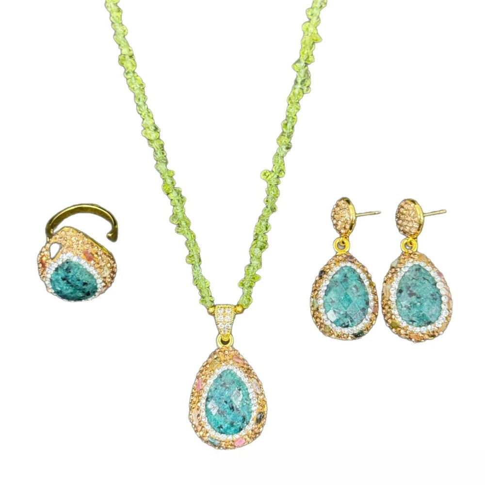 Natural Crystal Jewelry Set | Necklace, Ring & Earrings in Agate & Amethyst