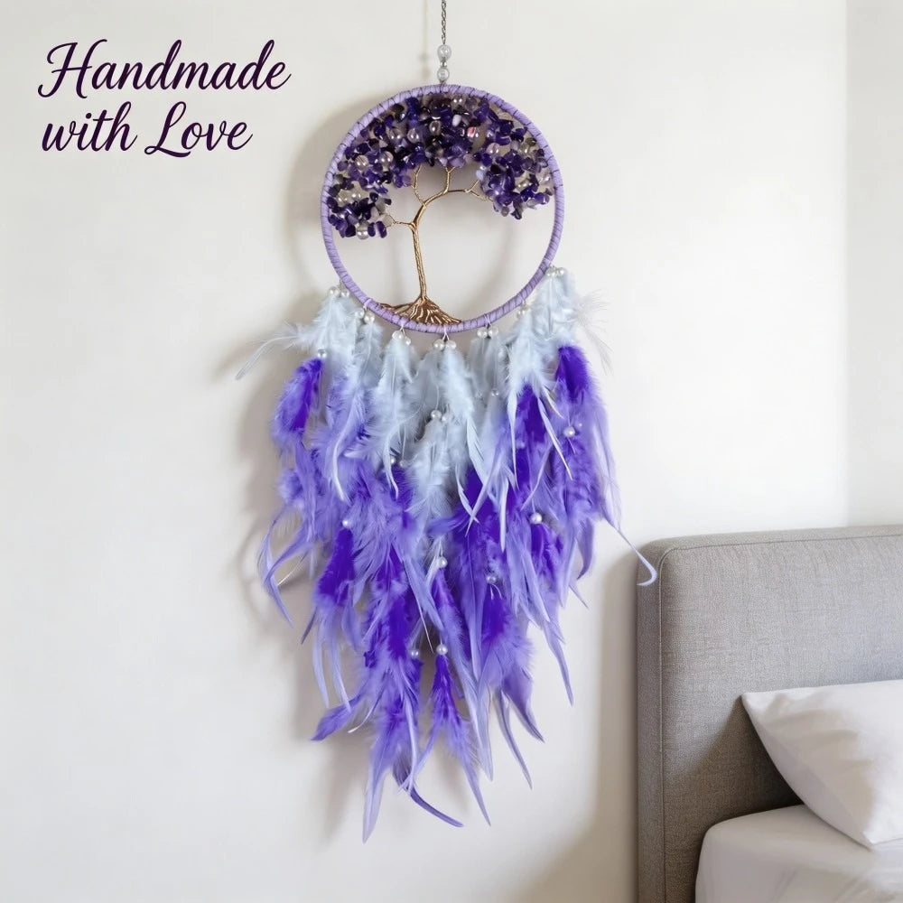 Crystal Tree of Life Dreamcatcher — Boho Feather Wall Hanging
