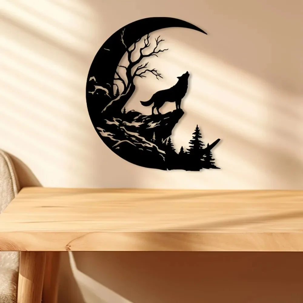 Howling Wolf & Crescent Moon Metal Wall Art