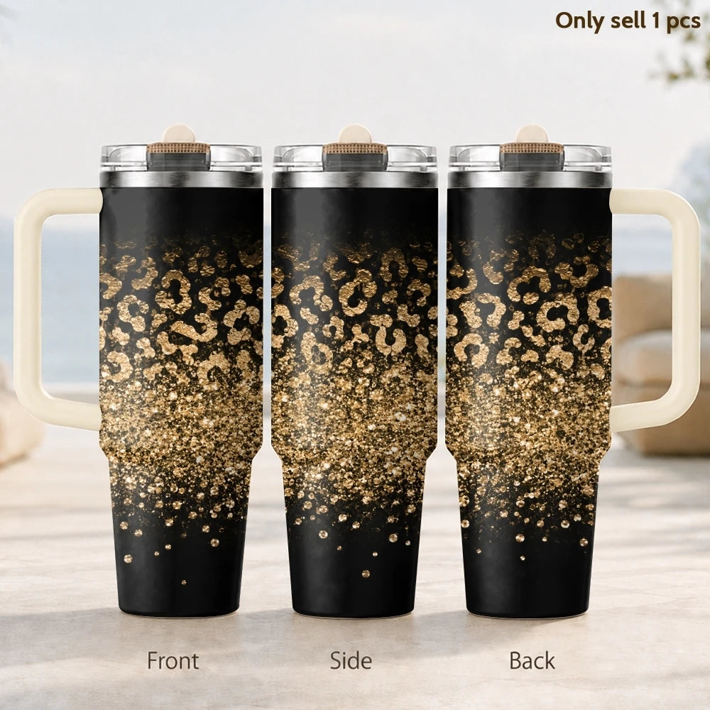 40oz Golden Glitter Leopard Print Tumbler | Insulated Travel Mug with Handle & Straw