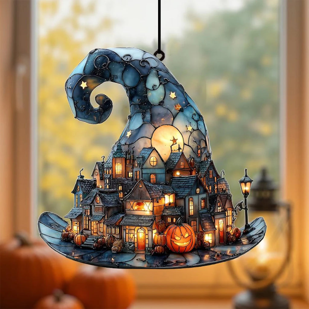 Halloween Witch Hat 2D Window Hanging | Acrylic Mini Town & Pumpkin Pendant Ornament
