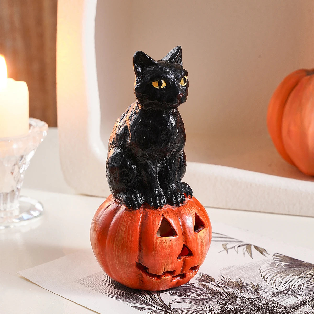 Black Cat Pumpkin Figurine | Halloween Resin Decor Ornament