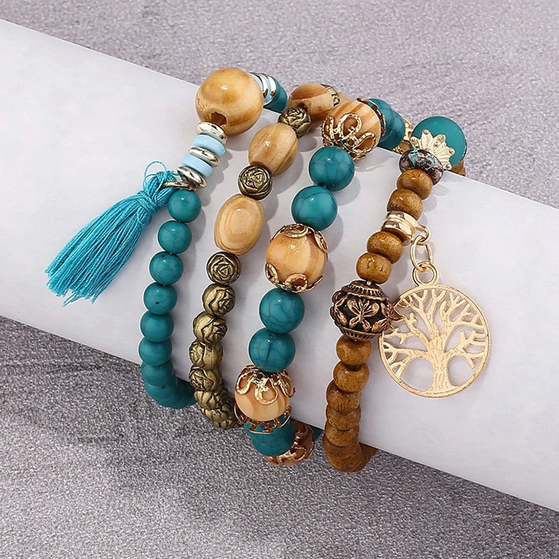 Boho Tree of Life Bracelet Set | Tassel Charm Wooden Bead Bangle for Women