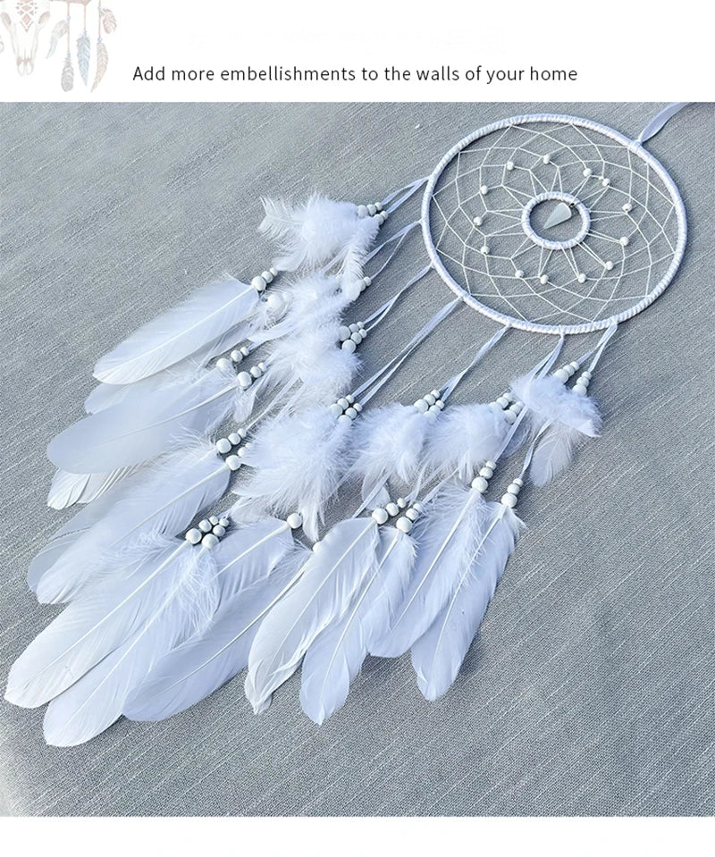 Nordic Dream Catcher Handmade  White Feather Wind Chimes Crystal Wall Pendant Birthday Festival Gifts Bedroom Hanging Ornaments