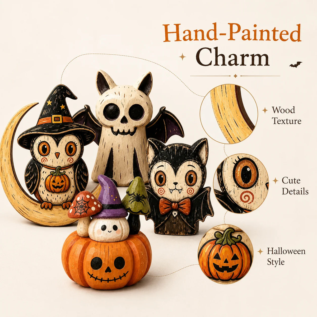 Hand-Painted Halloween Wooden Tabletop Decor | Bat, Owl & Pumpkin Figures