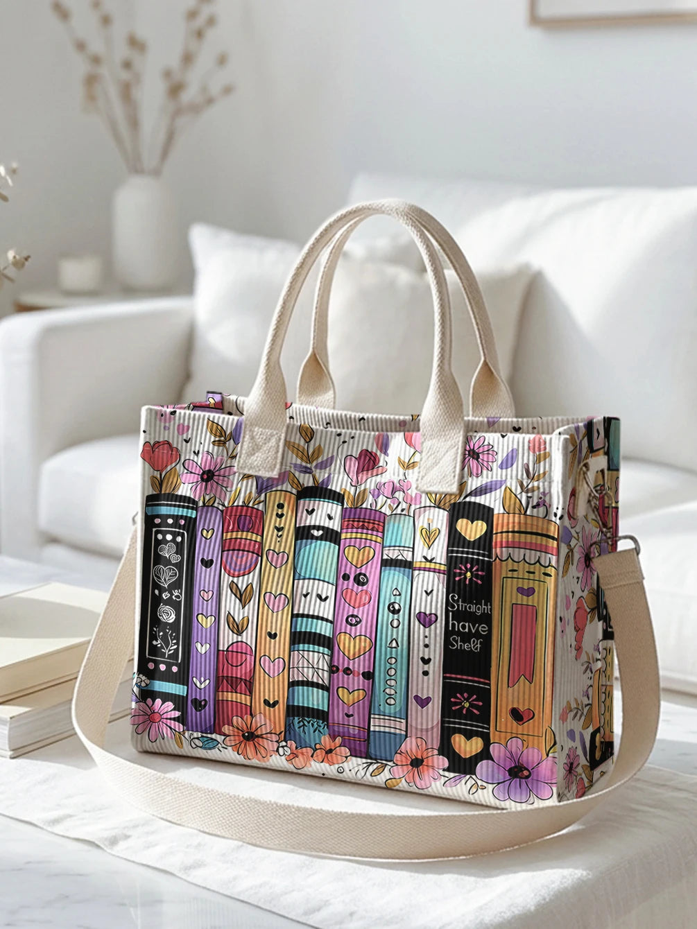 Books & Flowers Corduroy Tote Bag | Choose Your Color