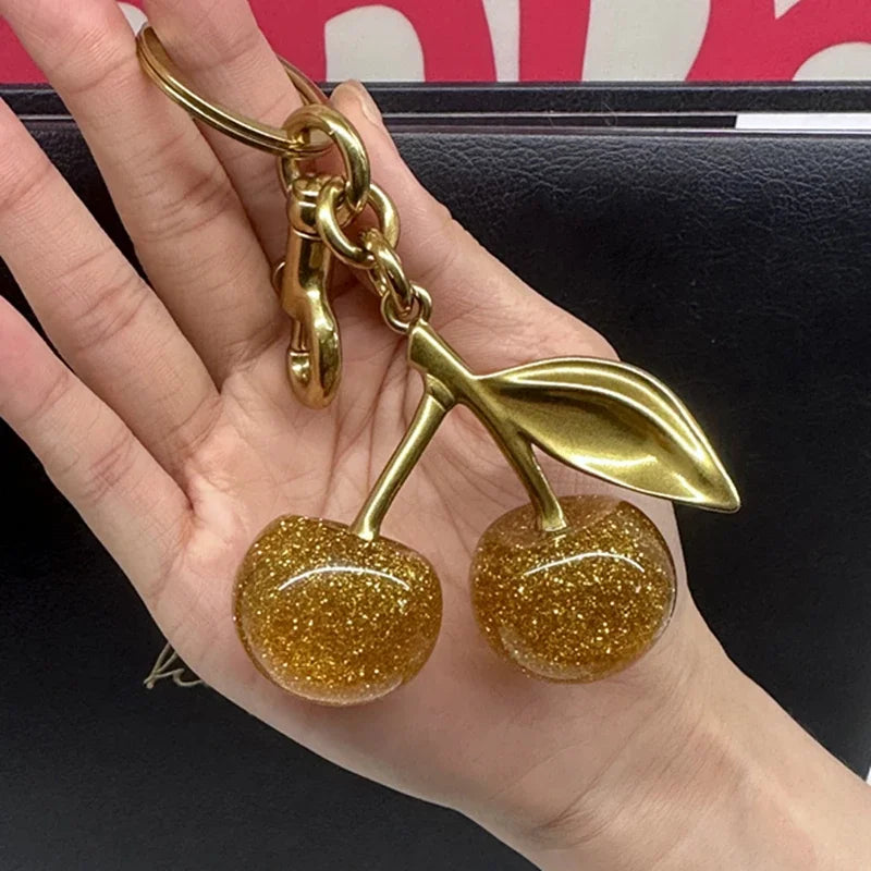 Gold Cherry Bag Charm Keychain | Sparkling Pendant Decoration for Handbags & Totes