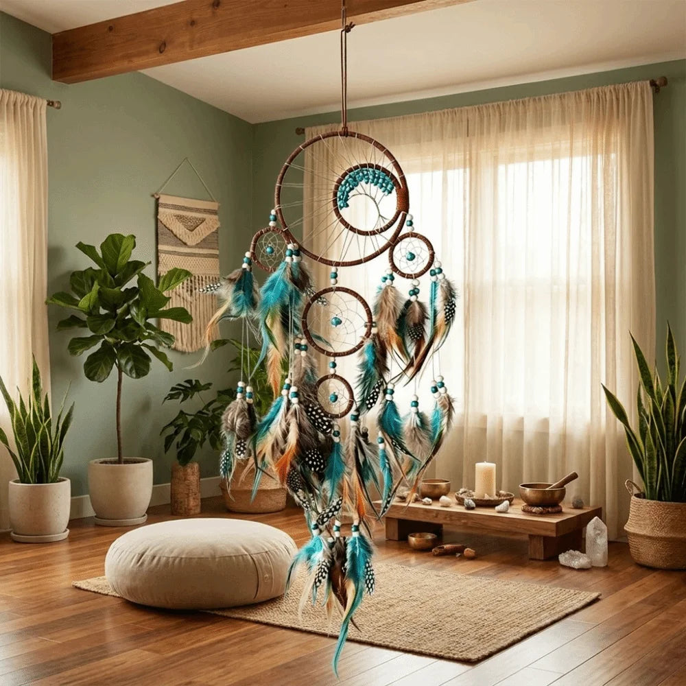 Turquoise Desert Dreamcatcher | Boho Wall Hanging with Stone & Feather Accents
