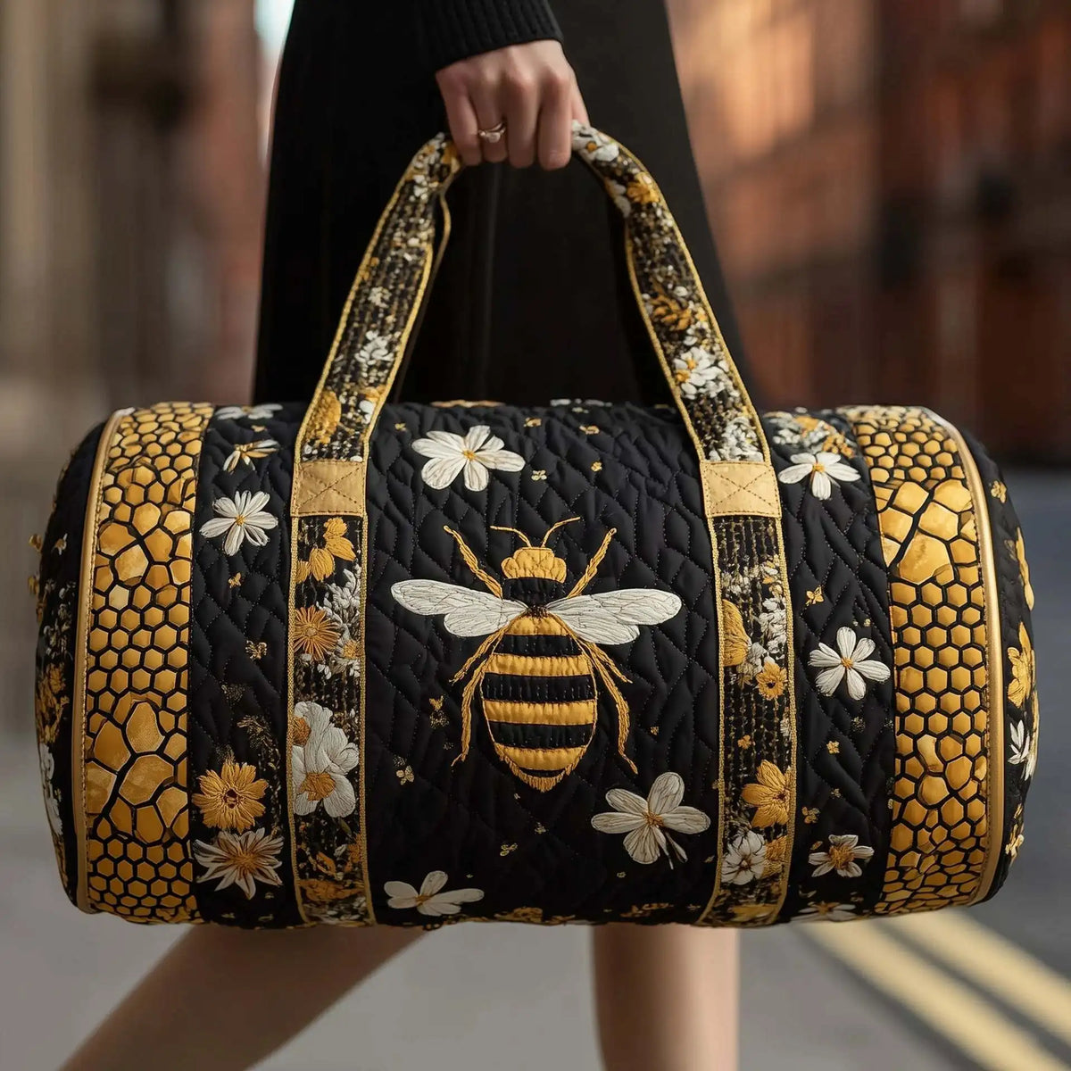 Bee Print Quilted Duffle Bag | Boho Travel & Gym Tote