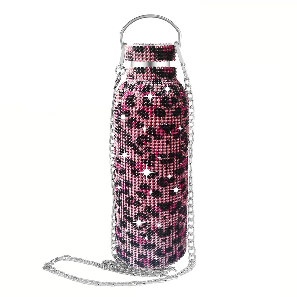 Shiny Glitter & Leopard Print Tumbler | Insulated Stainless Steel Cup with Chain