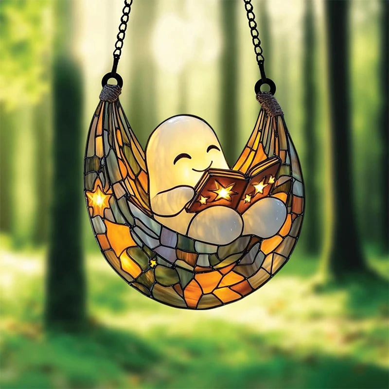 Halloween Ghost Reading Book Window Ornament | Colorful Acrylic Suncatcher
