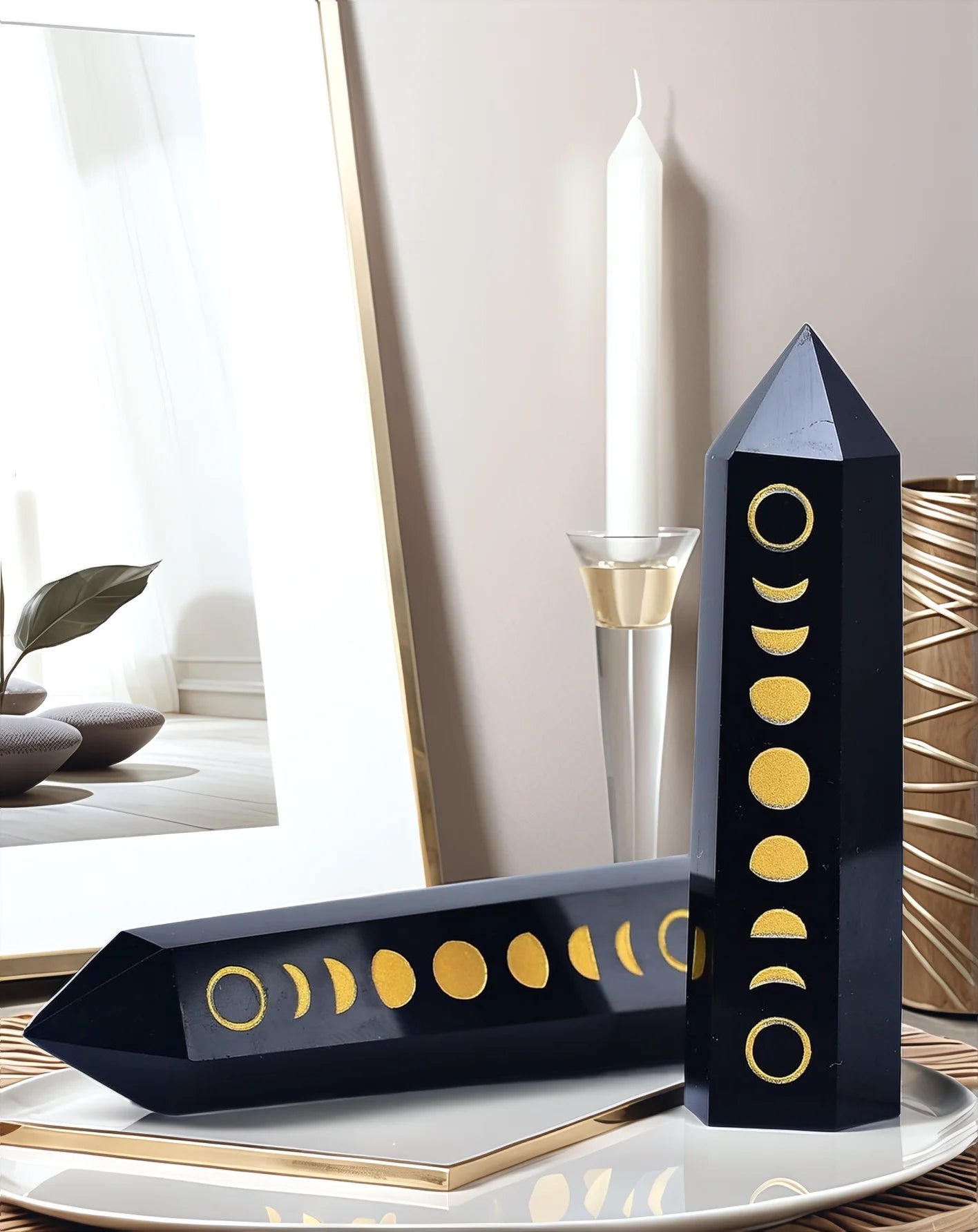 Natural Black Obsidian Crystal Tower — Seven Chakra, Moon & Golden Snake Designs