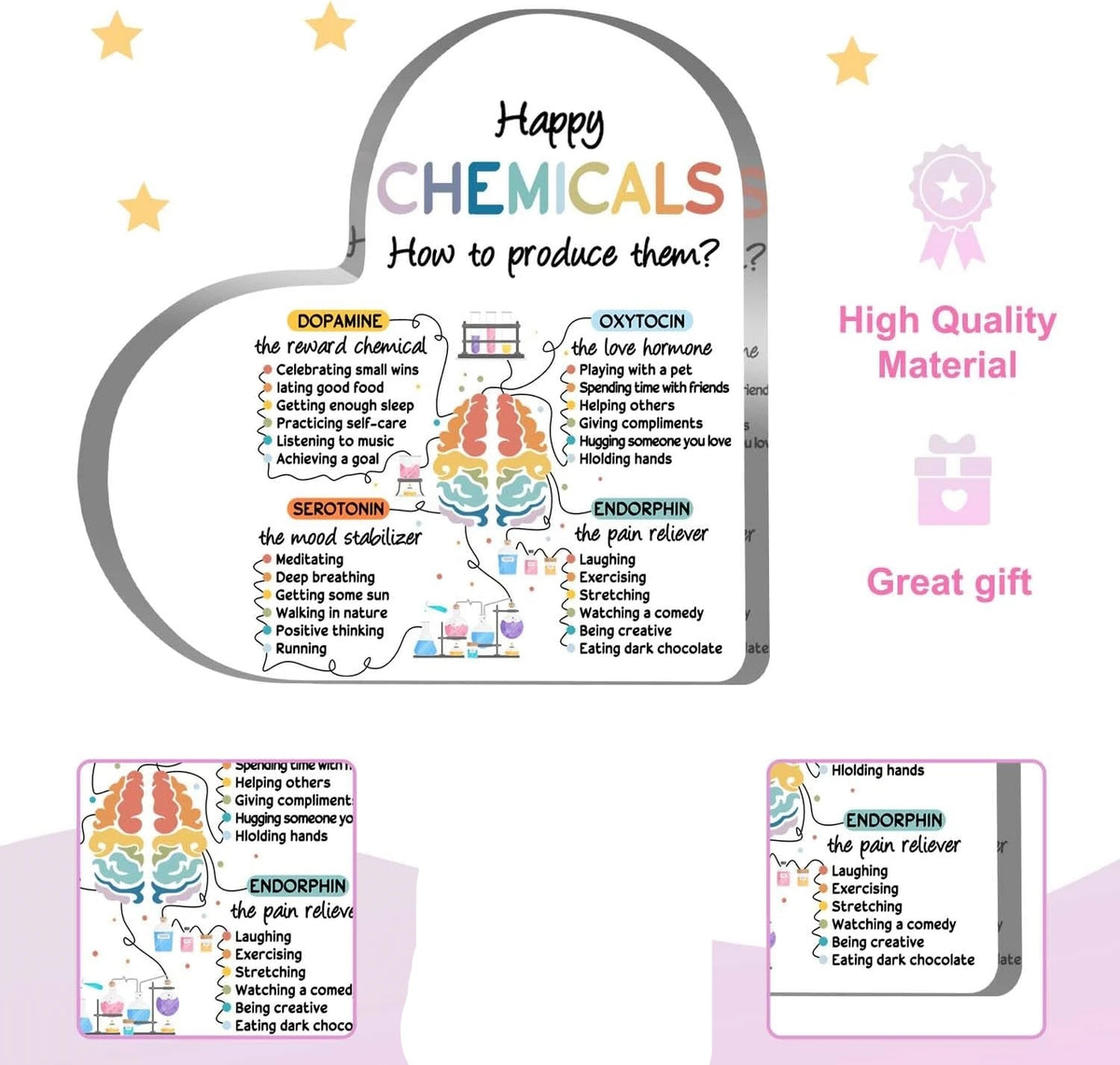 Happy Chemicals Acrylic Heart Sign | Mental Health Awareness Desk Decor