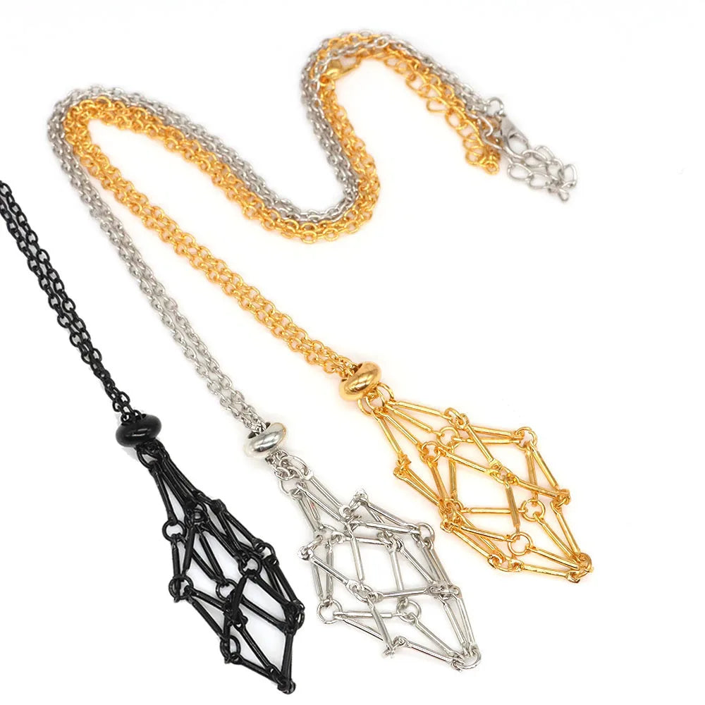 Crystal Cage Necklace Pendant — Adjustable Stone Holder Net in Silver, Gold & Black
