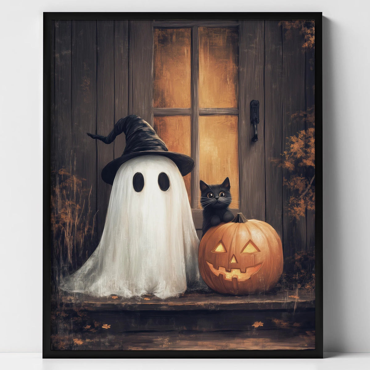 Halloween Ghost & Black Cat Dark Forest Canvas Print