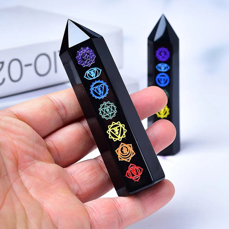 Natural Black Obsidian Crystal Tower — Seven Chakra, Moon & Golden Snake Designs