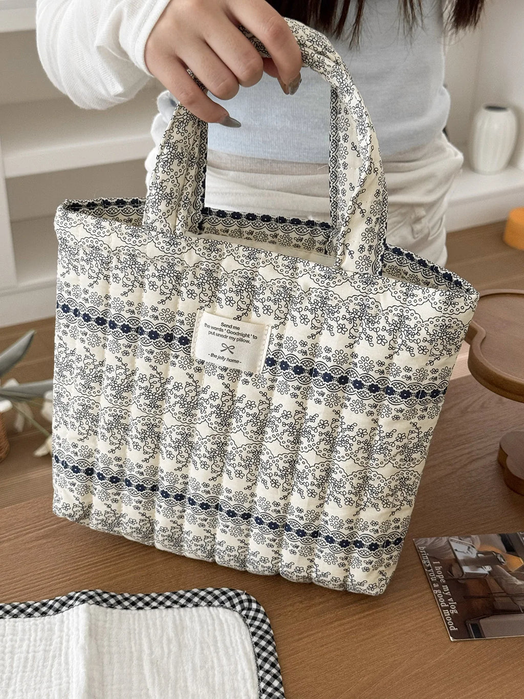 Quilted Cotton Flower Tote Bag | Boho Lunch & Shoulder Bag for Women
