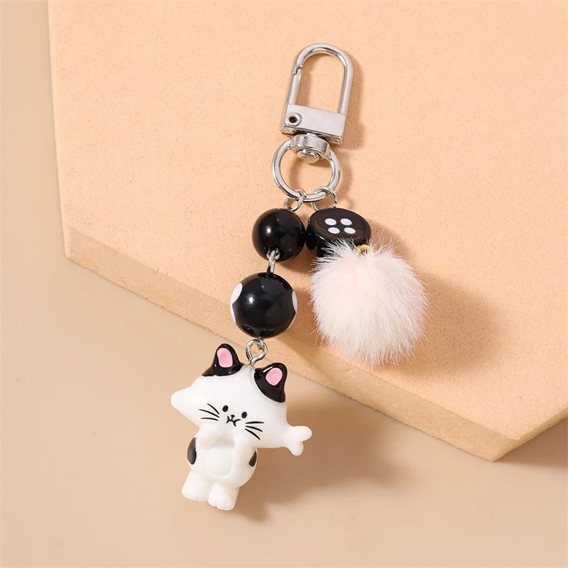 Handmade Cat Charm Keychain – Cute Animal Bead Keyring & Bag Pendant