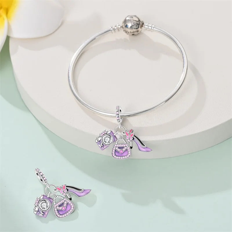 925 Sterling Silver Purple Zircon Bag Charm – Fine Jewelry Pendant for Bracelets & Gifts