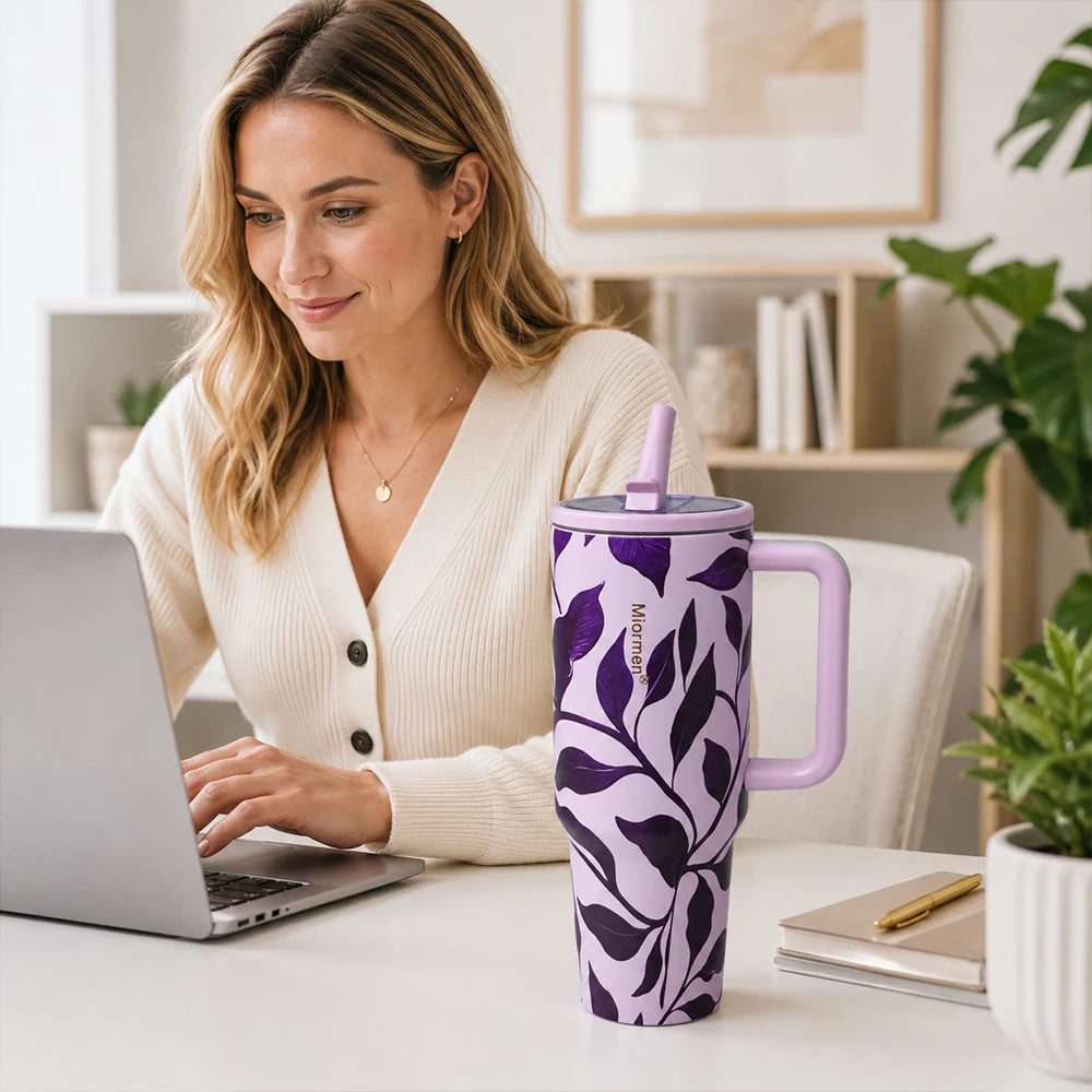 Purple Floral 40 oz Insulated Tumbler with Handle & Straw