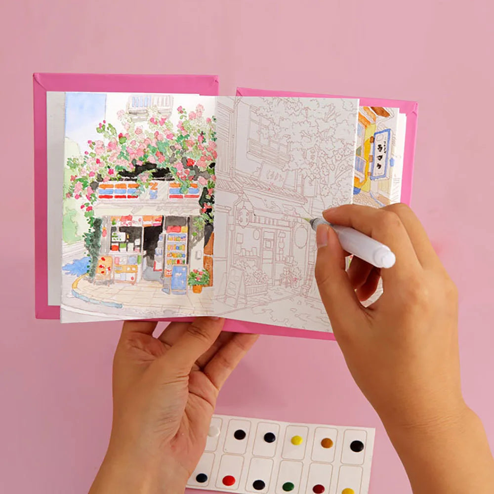 Foldable Watercolor Coloring Book Set | Adult Art Kit with Color Palette