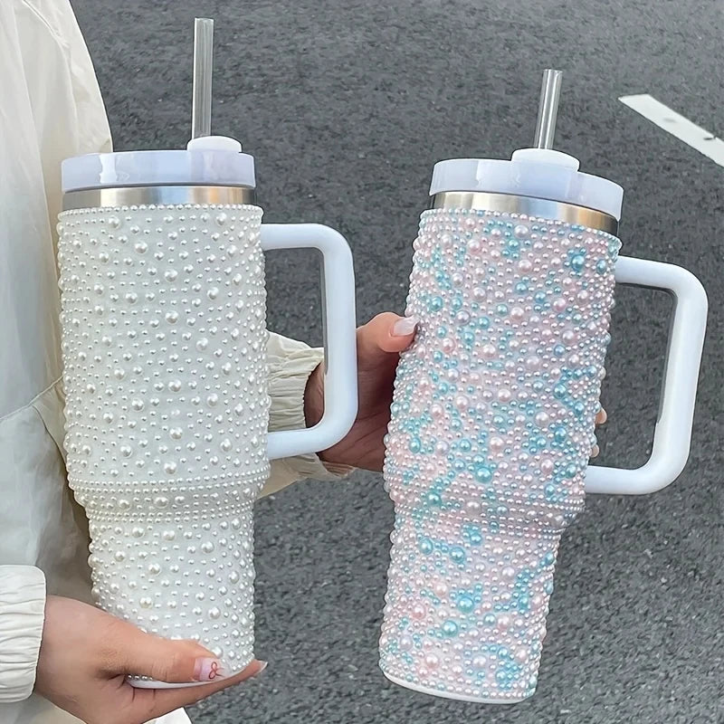 40oz Pearl & Rhinestone Tumbler | Vacuum Insulated Wide Handle Car Cup