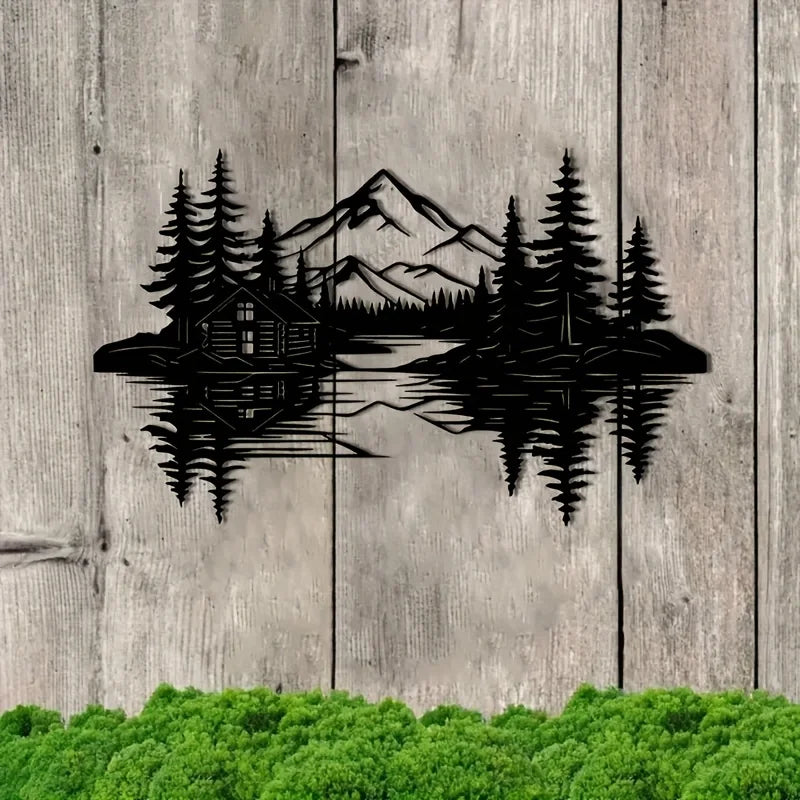 Lakeside Cabin & Mountain Metal Wall Art