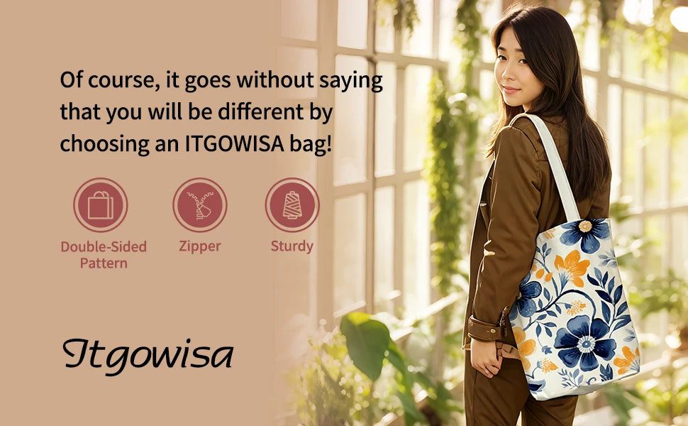 Floral Canvas Tote Bag | Zippered Women's Bag for Work, Shopping & Everyday