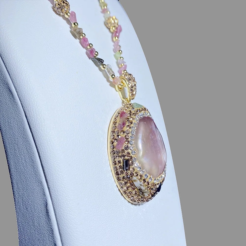Vintage Freshwater Pearl & Natural Crystal Necklace | Handmade Rhinestone Pendant in 18K Gold